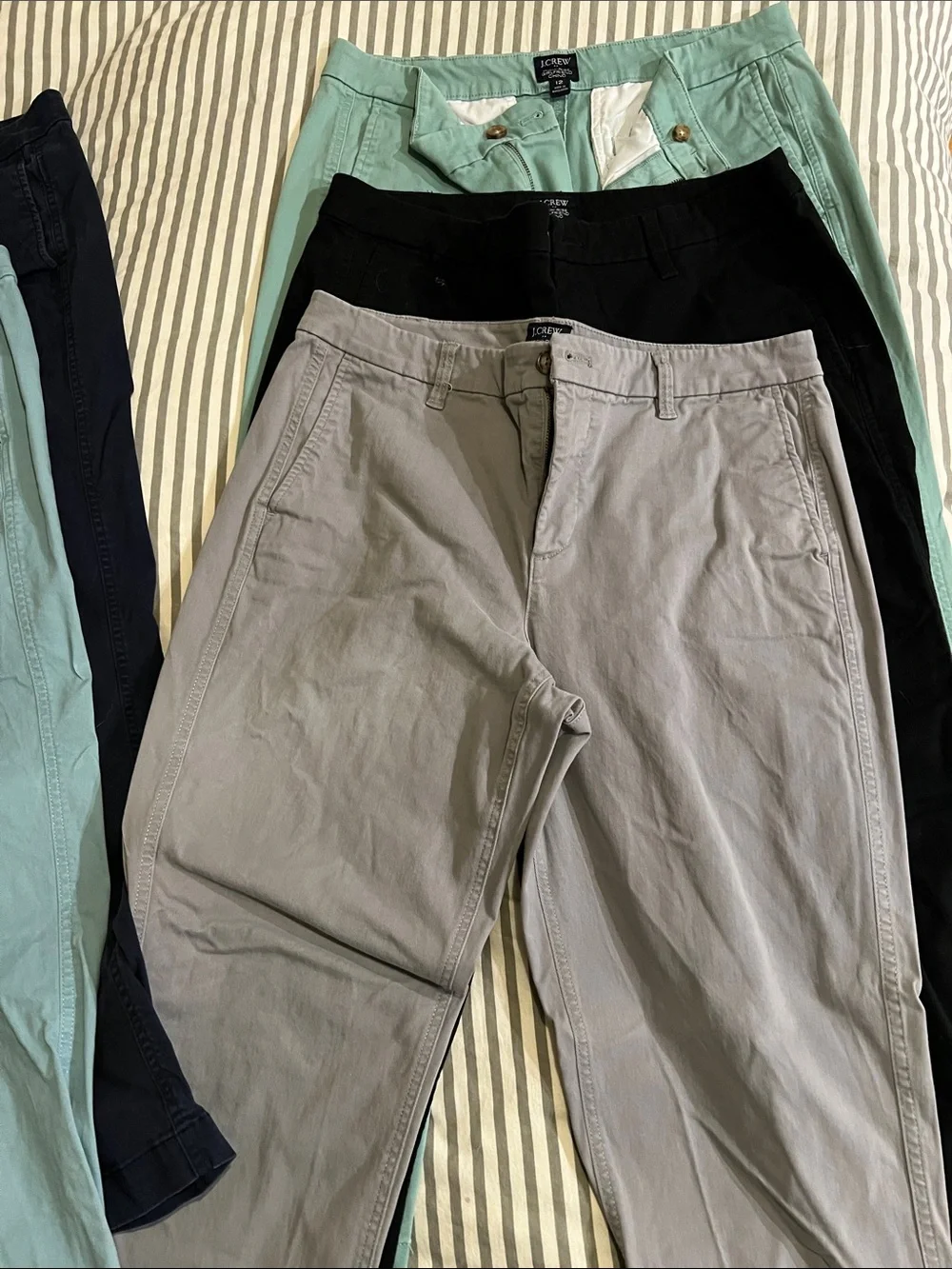 J. Crew Women’s Chino Pants in Navy, Light Blue, Mint, Gray, and Black